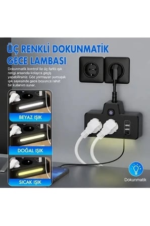 Epilons Akıllı Priz Siyah 2 USB Type-C Dokunmatik 2'li Priz