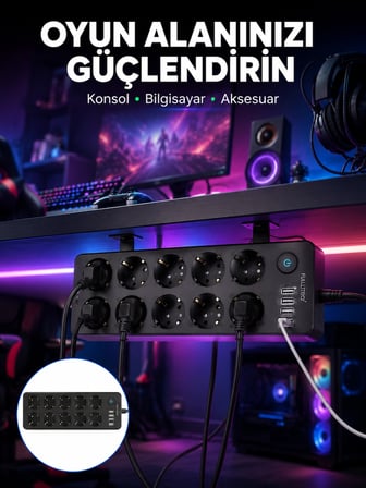 Epilons Siyah 10'lu Çoklu Priz USB ve Type-C Girişli
