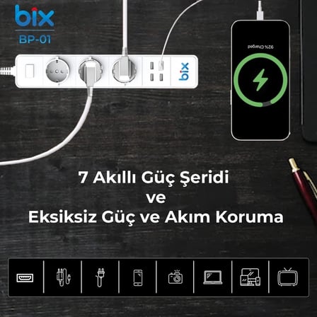 Bix BP-01 Akıllı Güç Şeridi Beyaz 7li USB'li Akım Korumalı