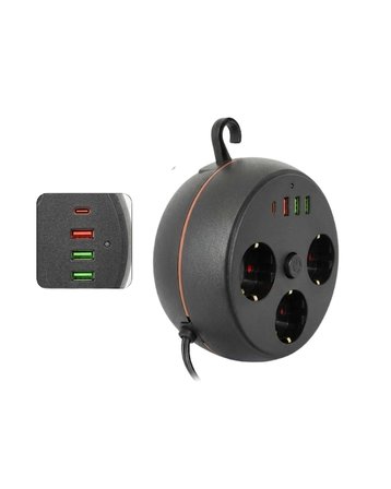 Epilons Siyah 3'lü Priz USB ve Type-C Girişli 2 Metre Kablo