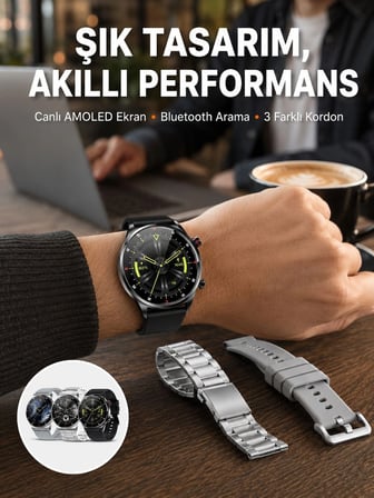 Epilons Akıllı Saat Siyah Amoled Ekran Bluetooth Bağlantılı IP68 Su Geçirmez Kablosuz Şarj 3 Farklı Kordon