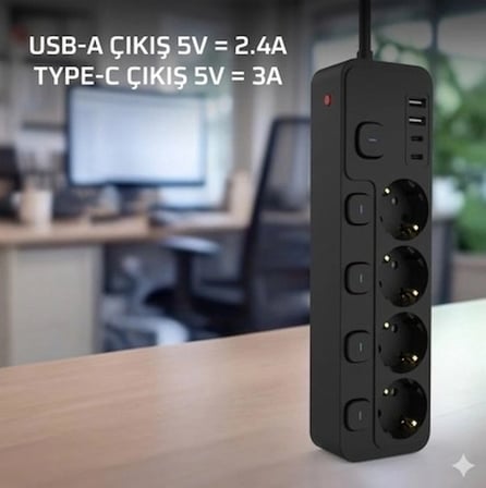 Epilons Akım Korumalı 4'lü Priz 2x USB 2x Type-C Masaüstü