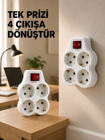 Epilons Anahtarlı 4'lü Priz Çoklayıcı Beyaz Duvar Tipi Adaptör