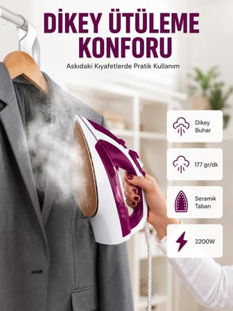 Epilons Buharlı Ütü Seramik Taban Mor Beyaz 2200 W 400 ml