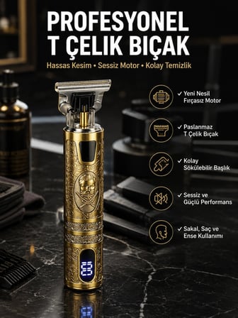 Epilons Profesyonel T Çelik Bıçaklı Şarjlı Tıraş Makinesi Paslanmaz Çelik LCD Ekran Sakal Saç Ense Kullanımı Hassas Kesim
