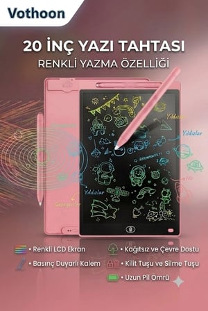 Epilons 20 İnç Renkli LCD Çizim Tableti Pembe Dijital Kalemli Eğitim Tableti