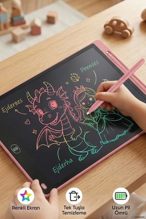 Epilons 20 İnç Renkli LCD Çizim Tableti Pembe Dijital Kalemli Eğitim Tableti