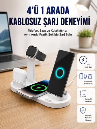Epilons 4'ü 1 Arada Kablosuz Şarj Aleti Beyaz