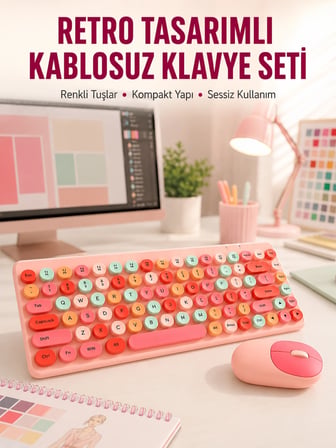 Epilons Klavye Mouse Seti Çok Renkli Retro Yuvarlak Tuşlu 3 Cihaz Bağlantılı Medya Tuşlu