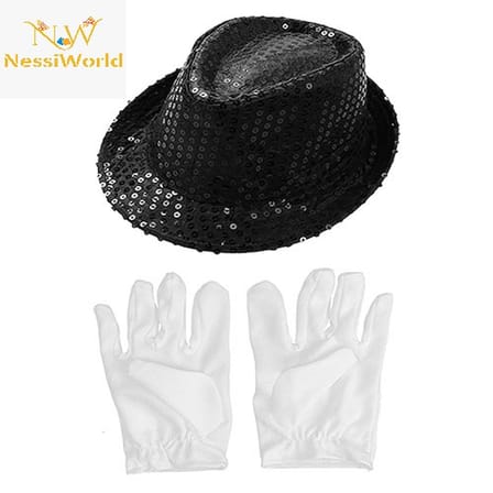 Ufakent Kostüm Çocuk Unisex Siyah Payetli Şapka ve Beyaz Eldiven