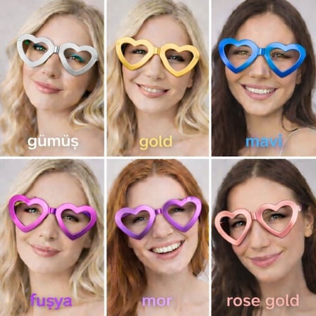 Urfakent Kalp Şekilli Parti Gözlüğü 12 Adet Camsız Unisex Gümüş, Gold, Mavi, Rose, Fuşya, Mor