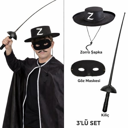 Zorro Kostüm Seti 3’lü Çocuk – Şapka, Maske ve Kılıç
