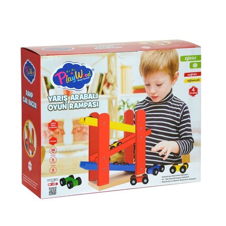 NW NessiWorld PlayWood Yarış Arabalı Oyun Rampası Ahşap Eğitici Oyuncak 4 Araba 36 Ay