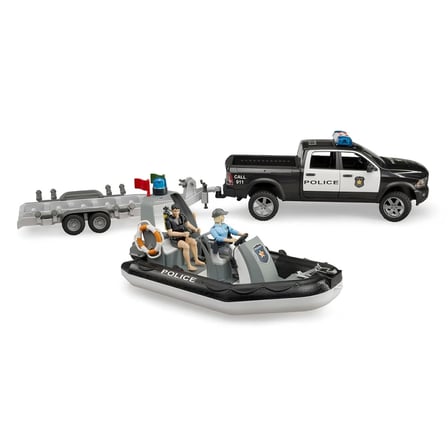Urfakent Ram 2500 Polis Aracı Römorklu Zodyak Botlu 2 Figür Aksesuarlı Siyah Model Araba