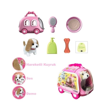 Ufakent JND-6802 Peluş Köpek Oyuncağı Seti Hareketli Pilli Sevimli Dost Taşıma Çantası