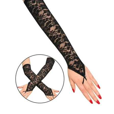URFAKENT Siyah Dantel Parmak Askılı Eldiven Yetişkin Standart 40 cm