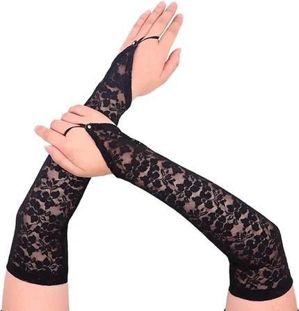 URFAKENT Siyah Dantel Parmak Askılı Eldiven Yetişkin Standart 40 cm