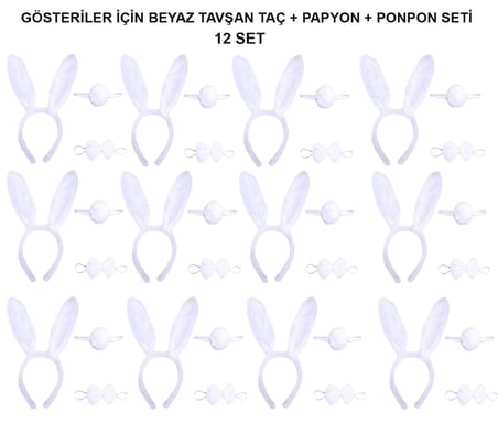 Beyaz Tavşan Kostüm Seti – Taç, Papyon, Kuyruk (12’li Paket)