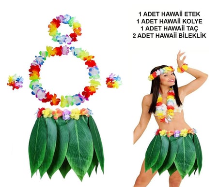 Yetişkin Hawaii Kostüm Seti - Yaprak Etek  ve Aksesuar Seti- 5 Parça