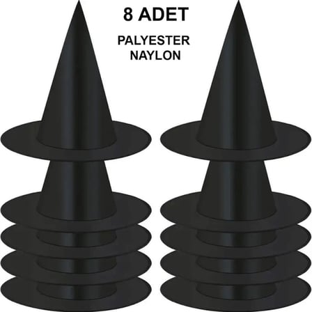Urfakent Siyah Cadı Şapkası - 8 Adet Kostüm Aksesuarı Yetişkin ve Çocuk Unisex Standart
