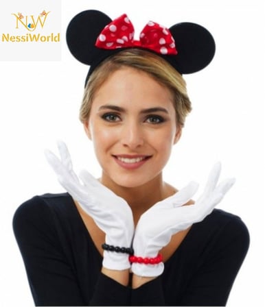 Kırmızı Fiyonklu Minnie Mouse Tacı ve Beyaz Eldiven Seti