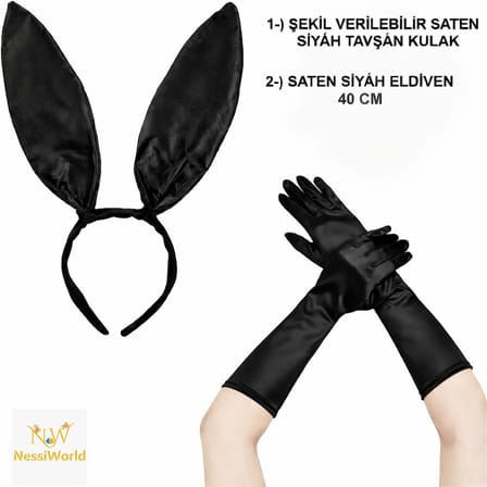 Urfakent Siyah Parlak Tavşan Kulak ve 40 cm Parlak Siyah Eldiven Kostüm Seti (Unisex, Standart Beden, Çocuk Kullanıcı Tipi)