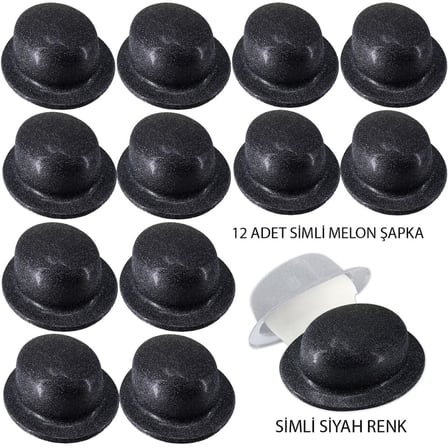 Urfakent Siyah Renk Simli Melon Yuvarlak Parti Şapkası 12 Adet Unisex Çocuk