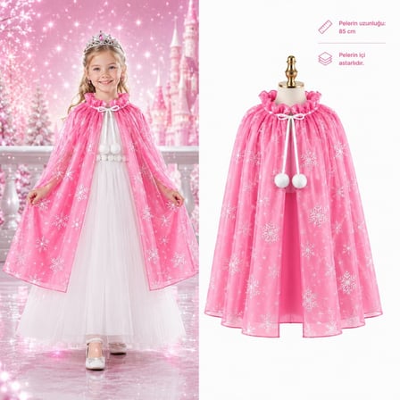 NW NessiWorld Çocuk Kostüm Pembe Kar Tanesi Desenli Pelerin 85 cm Astarlı