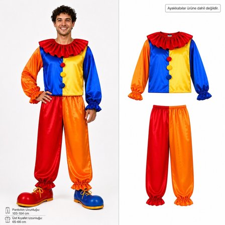 NW NessiWorld Parlak Saten Palyaço Kostümü Yetişkin Unisex Standart Karışık Renkler (Üst Kıyafet Uzunluğu: 65-66 cm, Pantolon Uzunluğu: 103-104 cm)