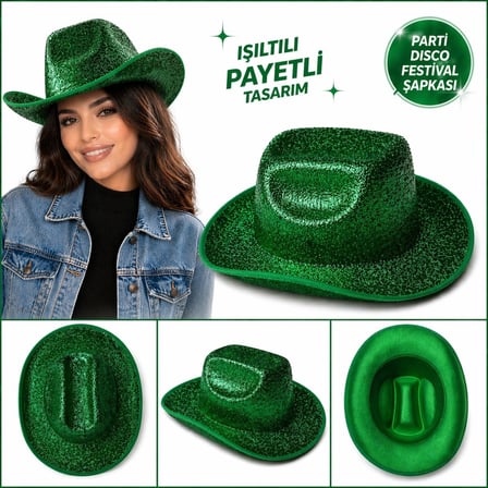 NW NessiWorld Yeşil Işıltılı Payetli Kovboy Şapka Unisex Yetişkin Parti Disco Festival Şapkası