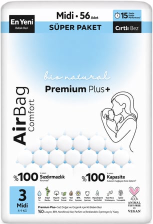 Premium Plus Airbag Comfort Bebek Bezi 3 Beden 56 Adet