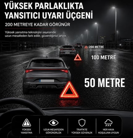 NW NessiWorld Katlanabilir Üçgen Acil Durum Trafik Reflektörü Yüksek Parlaklıkta Yansıtıcı Uyarı Üçgeni 200 Metreye Kadar Görünür