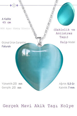 Sertifikalı Kalp Model Açık Mavi Akik Taşı Kolye (Gümüş Aparatlı)