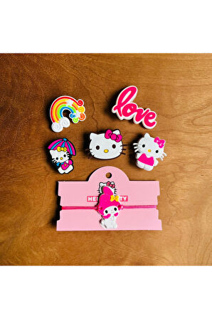 Hello Kitty 6 Lı Set Crocs Jibbitz Terlik Süsü ve Makrome örgülü Ayarlamalı Çocuk Bilekliği