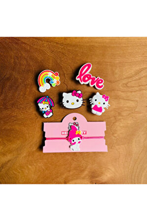 Hello Kitty 6 Lı Set Crocs Jibbitz Terlik Süsü ve Makrome örgülü Ayarlamalı Çocuk Bilekliği