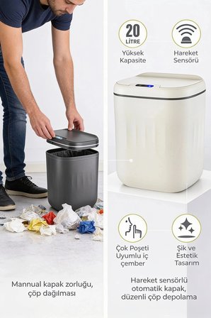 20 Litre Hareket Sensörlü Akıllı Çöp Kovası Beyaz
