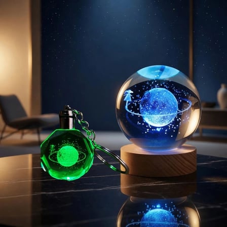 Işıklı Satürnlü Kız Cam Küre - Renk Değiştiren Gece Lambası - Kristal Anahtarlık Seti