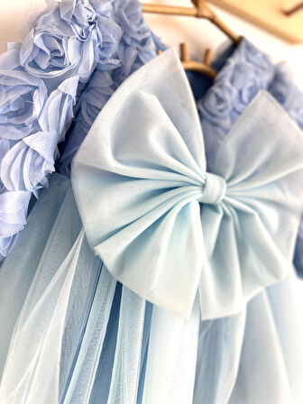 Kız Bebek Mavi Elbise Uzun Kollu Fiyonklu Doğum Günü Parti Düğün Özel Gün Tüllü Astarlı Prenses 