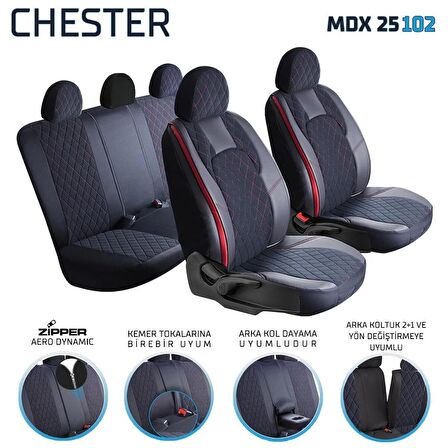 
Chevrolet Cruze Sedan Uyumlu Lüx Deri Oto Koltuk Kılıfı Ön Arka Set Chester Serisi Siyah Kırmızı