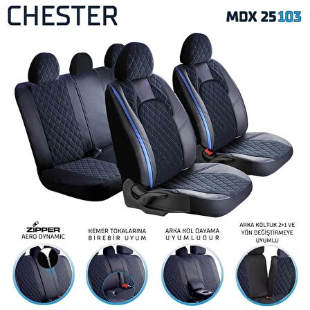 
Fiat Albea Uyumlu Lüx Deri Oto Koltuk Kılıfı Ön Arka Set Chester Serisi Siyah Mavi