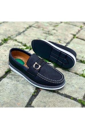 Lacivert Deri Loafer Ayakkabı Metal Tokalı Beyaz Dikiş Detaylı Konforlu Casual Ayakkabı LACİVERT / 44