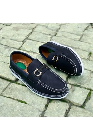 Lacivert Deri Loafer Ayakkabı Metal Tokalı Beyaz Dikiş Detaylı Konforlu Casual Ayakkabı LACİVERT / 44