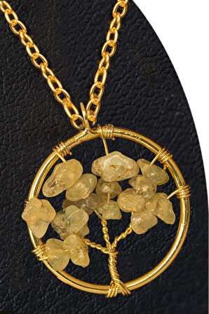 Sertifikalı Gold Prehnite - Prinayt Taşı Hayat Ağacı Kolye - Altın Renkli