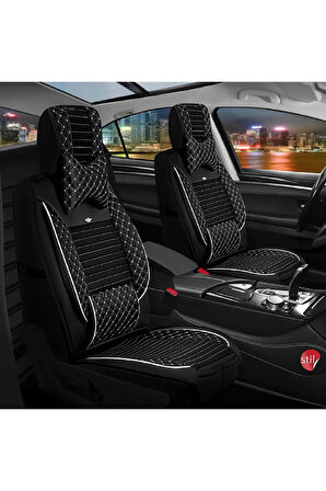 SsanYoung Korando Sports Uyumlu Lüx Deri Oto Koltuk Kılıfı Ön Arka Set Siyah Beyaz Elit Series