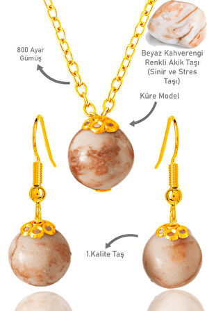 Sertifikalı Gold Küre Model Kahverengi Beyaz Jasper Taşı Kolye ve Küpe Seti - Gümüş Aparatlı