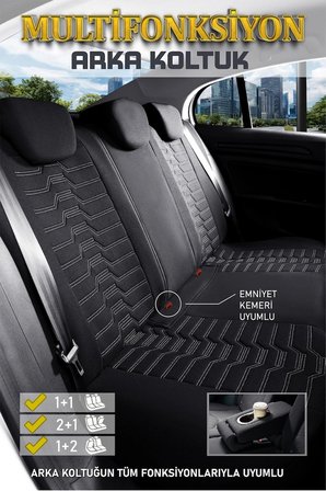 Ford Kuga 2+1 Deri Detaylı Oto Koltuk Kılıfı Ön Arka Set Siyah Beyaz Platinium Model FS