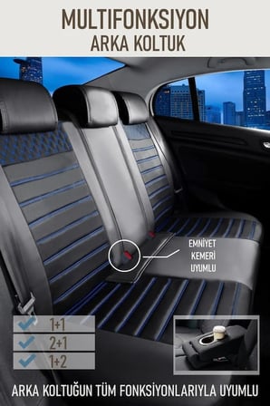 Skoda Scala Oto Koltuk Kılıfı Ön Arka Set Siyah Mavi Plus Serisi