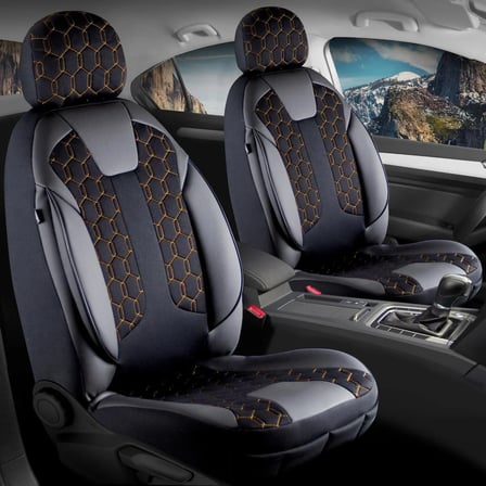 Kia Rio Deri Detaylı Oto Koltuk Kılıfı Ön Arka Set Cyrus Serisi Siyah Nakış Gold