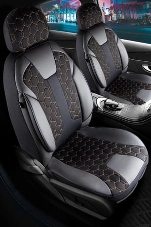 Kia Rio Deri Detaylı Oto Koltuk Kılıfı Ön Arka Set Cyrus Serisi Siyah Nakış Gold