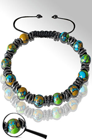 Sertifikalı Silver Hematitli Doğal Arizona Firuze Taşı Bileklik - Ayarlamalı